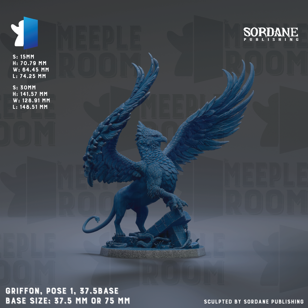 a blue sculpture of a winged creature, possibly a mythical or fantastical being, with outstretched wings and a fierce expression. The sculpture is positioned on a pedestal, and the image includes text providing details about the sculpture, such as its size, base, and the company responsible for its creation.