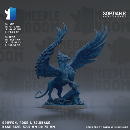 a blue sculpture of a winged creature, possibly a mythical or fantastical being, with outstretched wings and a fierce expression. The sculpture is positioned on a pedestal, and the image includes text providing details about the sculpture, such as its size, base, and the company responsible for its creation.