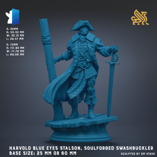 A blue statue of a man wearing a hat and holding a sword, standing on a pedestal.