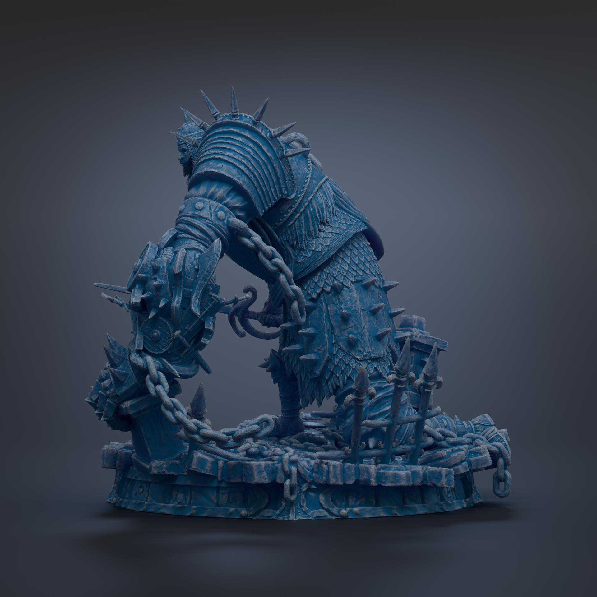 A detailed 3D rendering of a heavily armored and battle-ready figure, with spikes and chains adorning its body, set against a dark background.