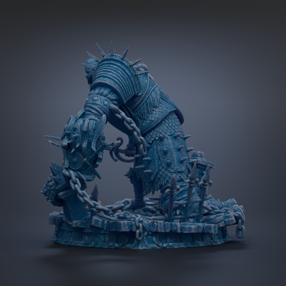 A detailed 3D rendering of a heavily armored and battle-ready figure, with spikes and chains adorning its body, set against a dark background.