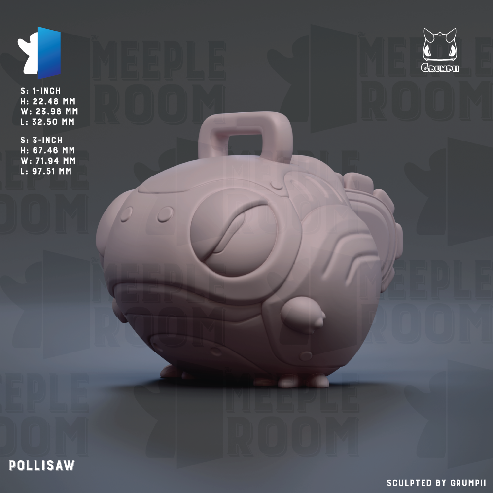 The image is a 3D rendering of a pink, cartoonish creature with a handle-like feature on its head. The creature appears to be a small, round object with a handle-like structure on its head. The image is described as a "3D rendering" and "3D model" and is labeled as "POLISAW" and "SURPLED BY GRUMPI".