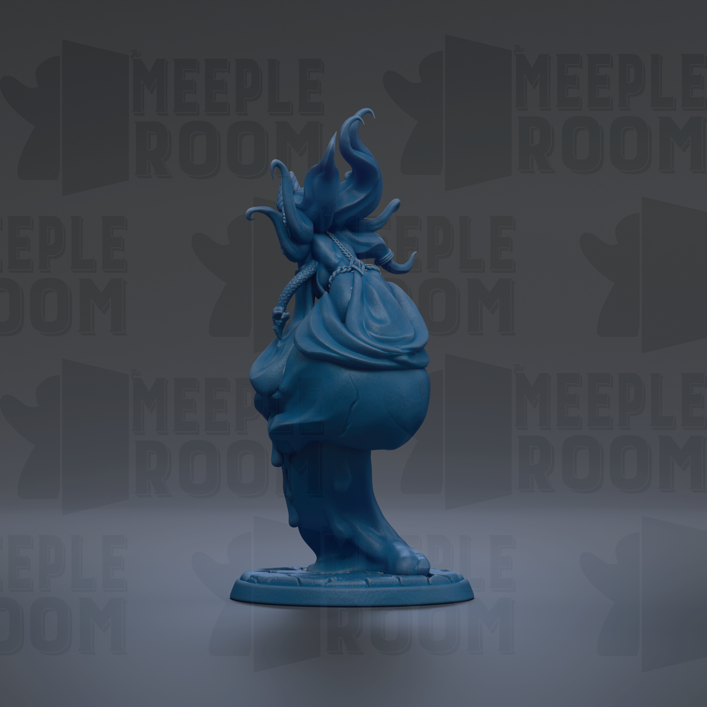 A blue figurine of a fantastical creature with flowing, ethereal hair and a large, round head, standing on a base.