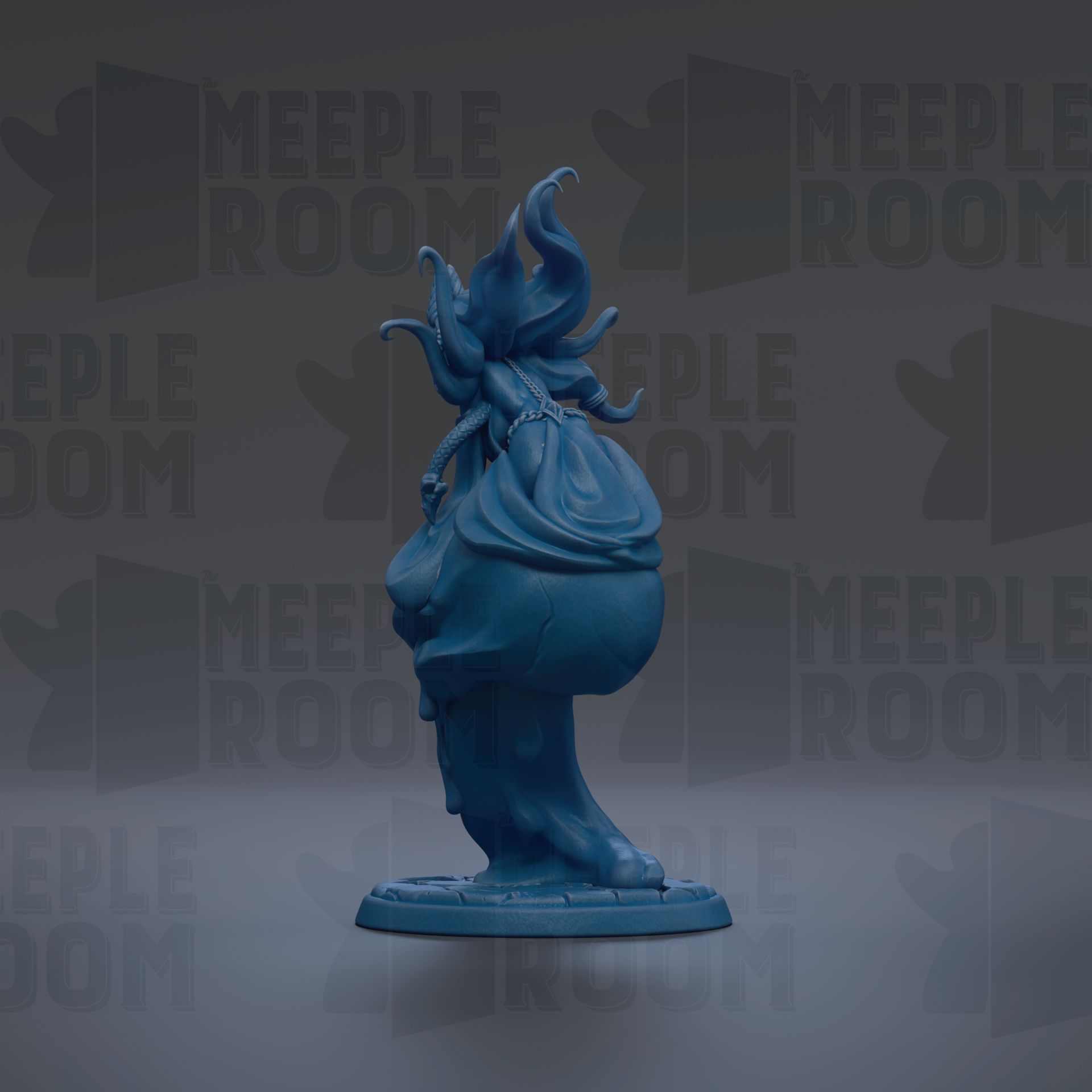 A blue figurine of a fantastical creature with flowing, ethereal hair and a large, round head, standing on a base.