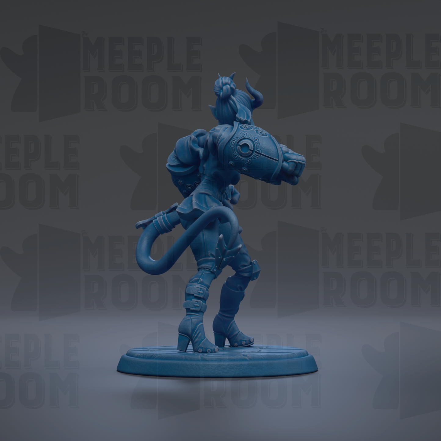 A blue figurine of a character with horns and a large head, standing on a blue base.