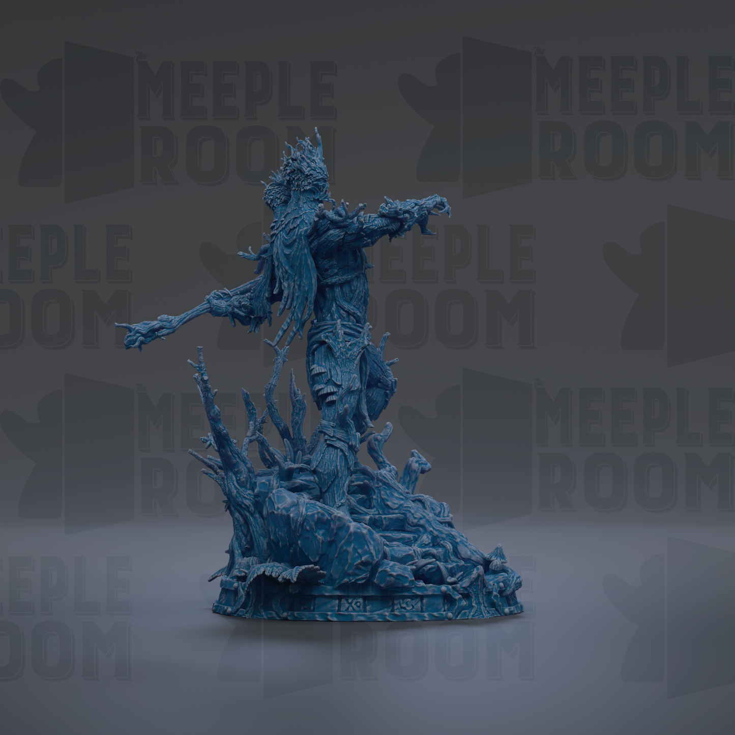 A blue, 3D-rendered statue of a fantastical creature with a large head and long, flowing hair, standing on a rock formation and holding a weapon.