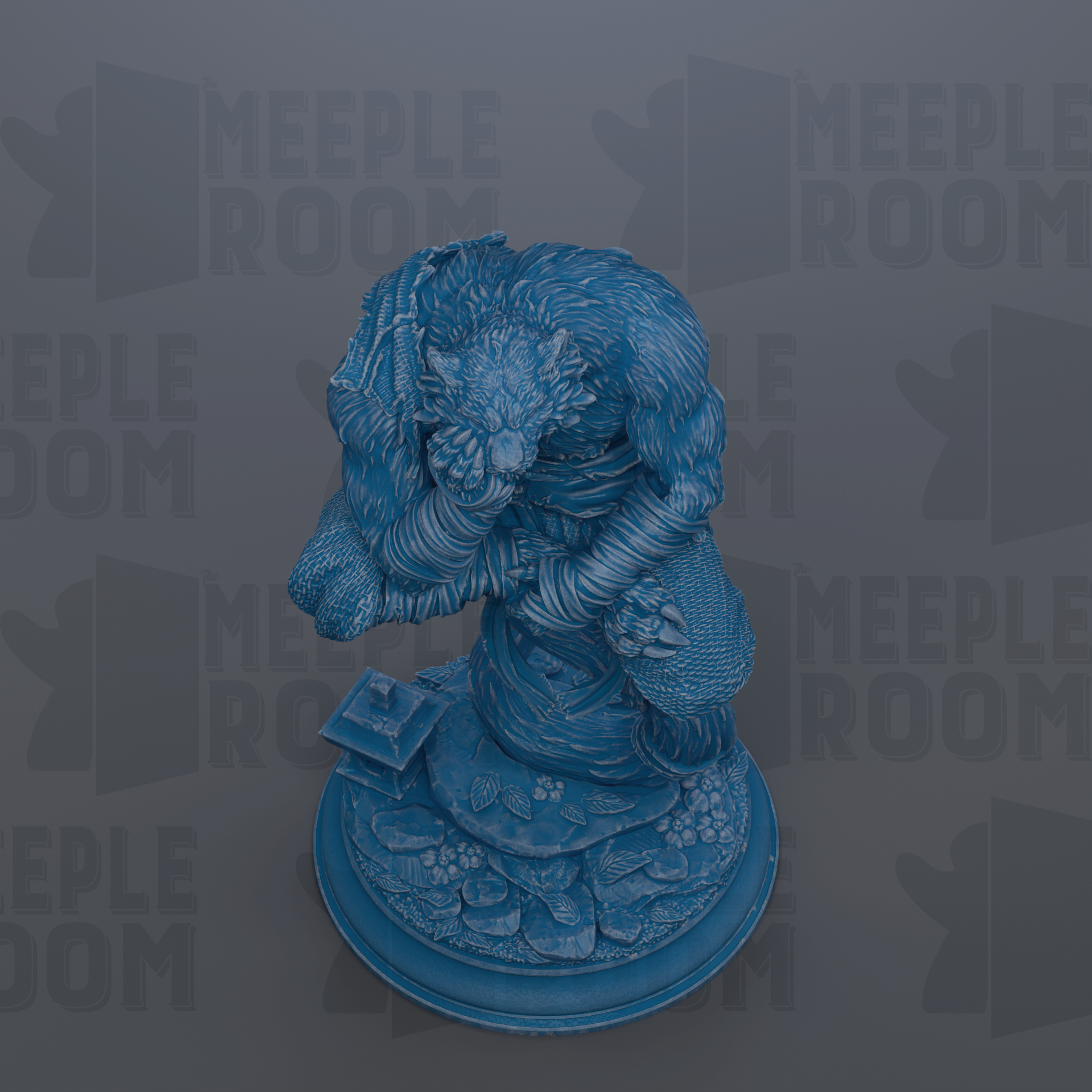A 3D rendering of a blue, furry creature with a pointed head and a raised paw, sitting on a base with a small square object on it.