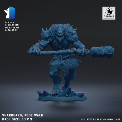 a large, blue, armored warrior figure holding a weapon, possibly a sword or spear, and standing on a base. The base size of the figure is 50 millimeters.