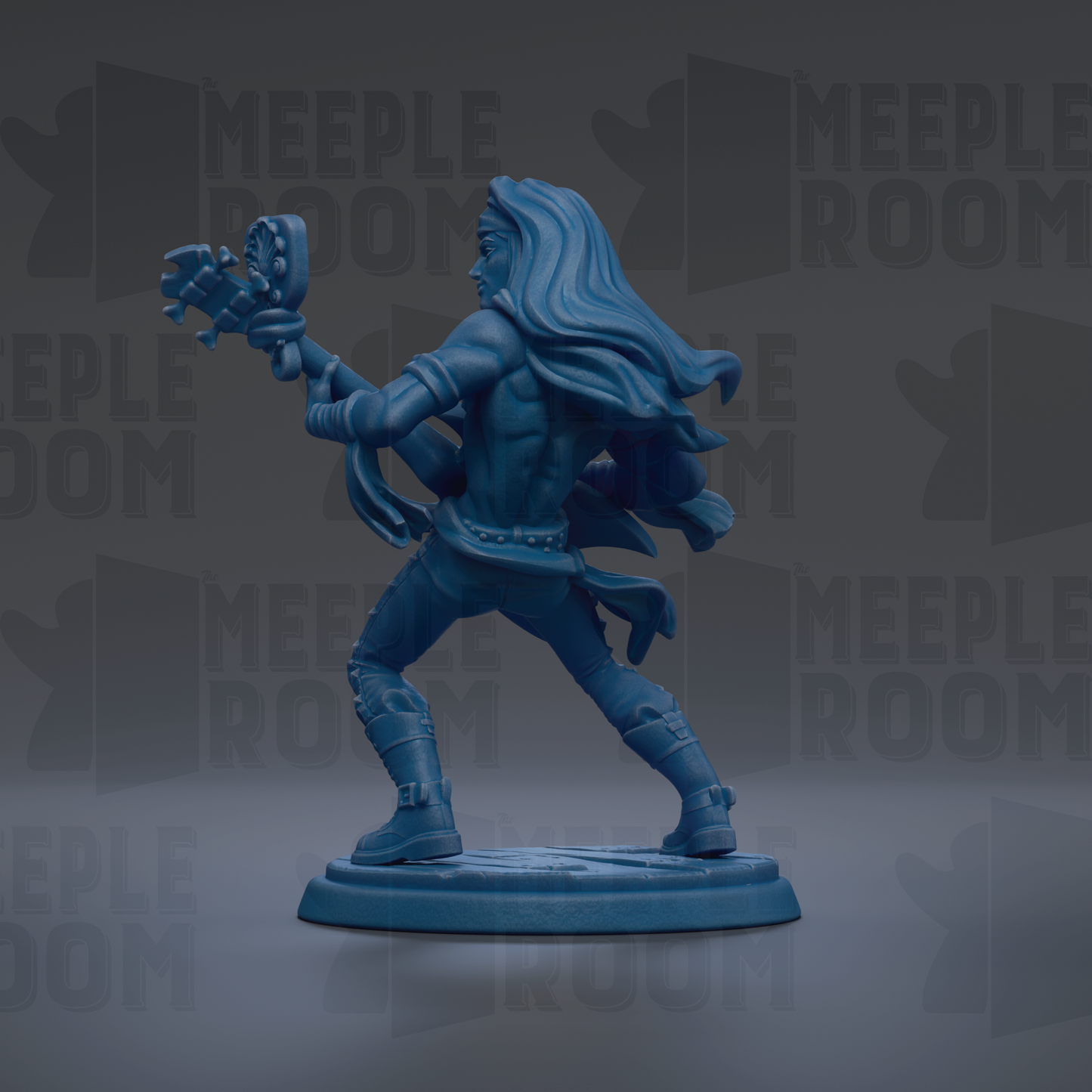 A blue figurine of a person with long hair, holding a weapon, is shown in a dynamic pose against a dark background with repeated text.
