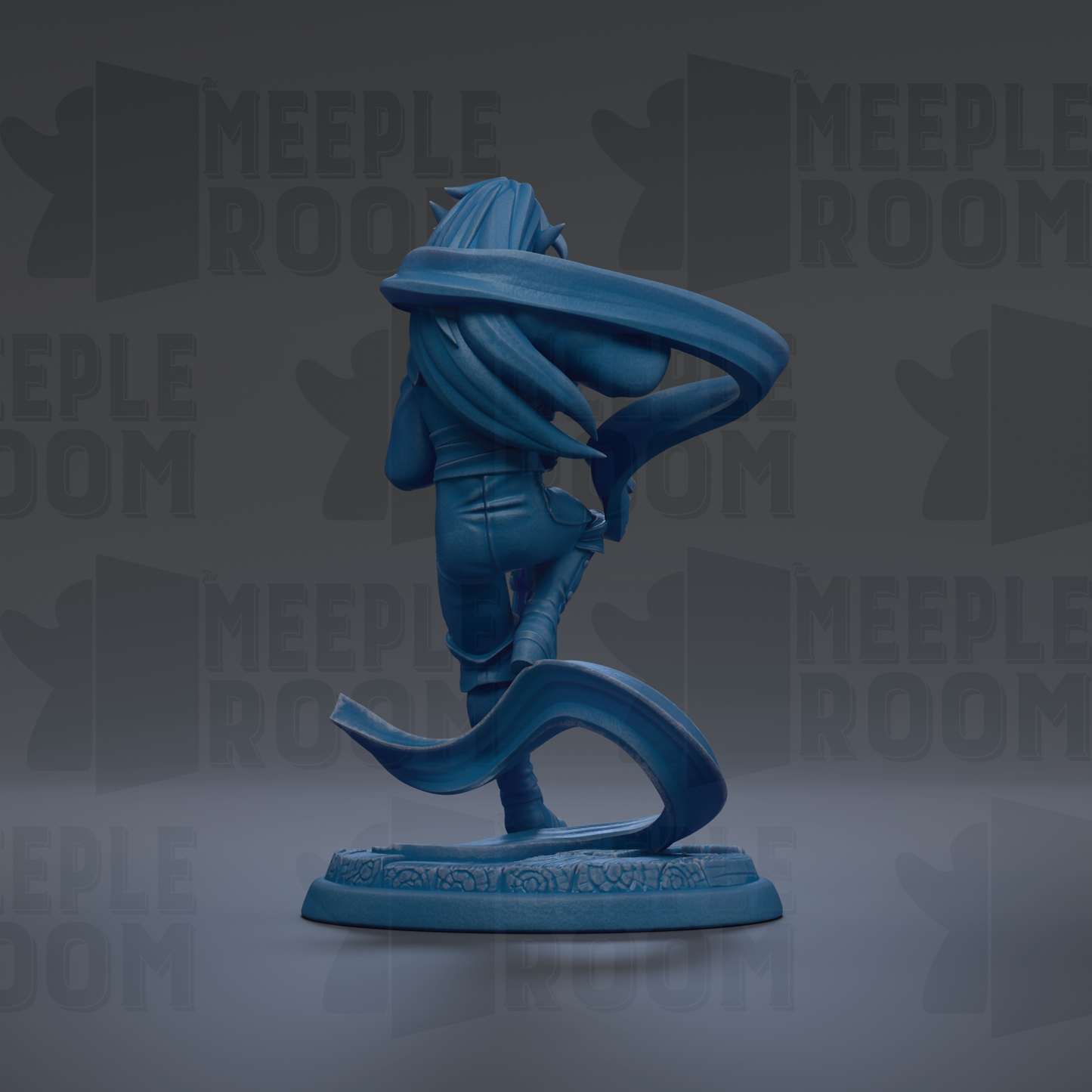 A blue statue of a person with long hair, standing on a base and holding a long object in their hand.