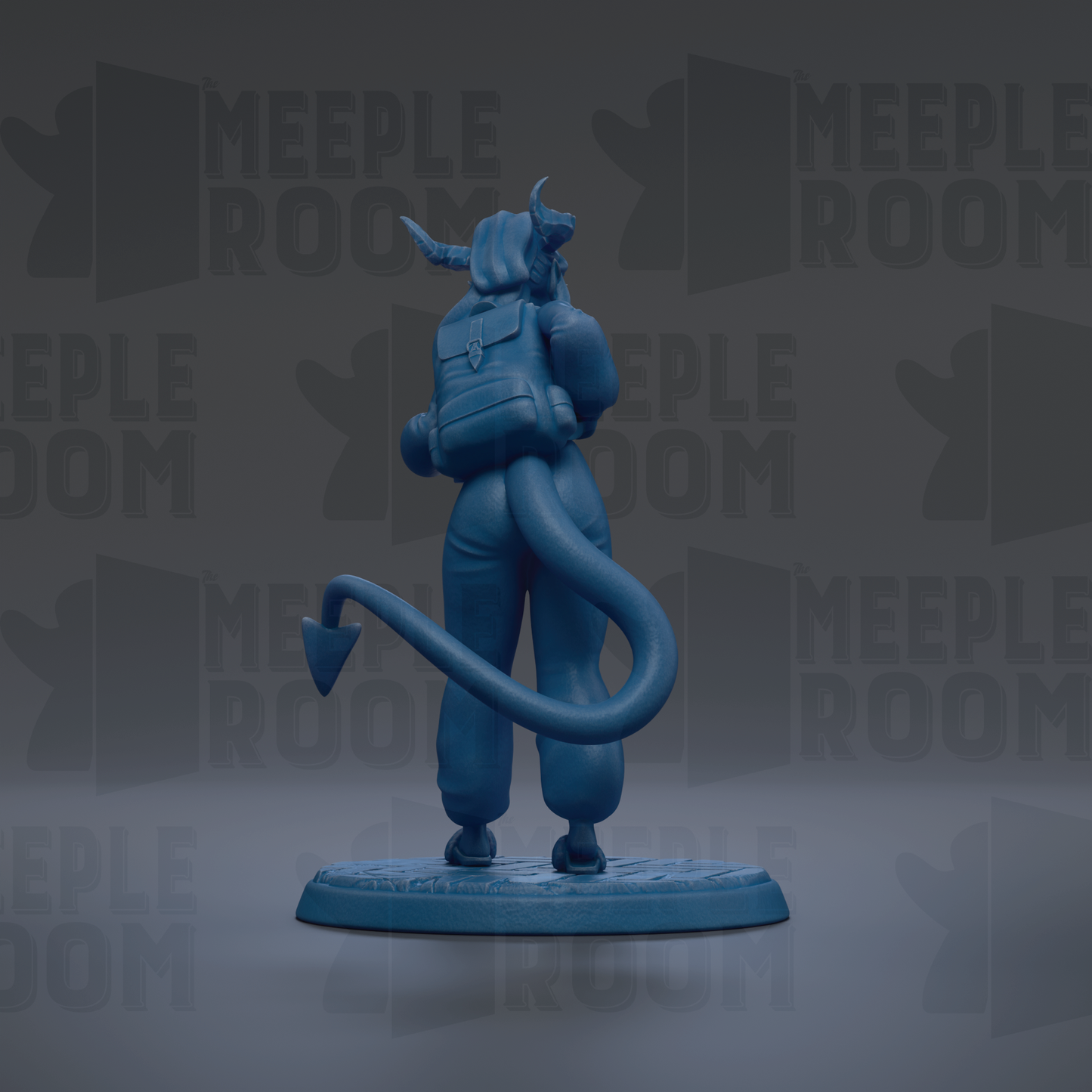 A blue figurine of a person with horns and a tail, standing on a platform and facing away from the camera.