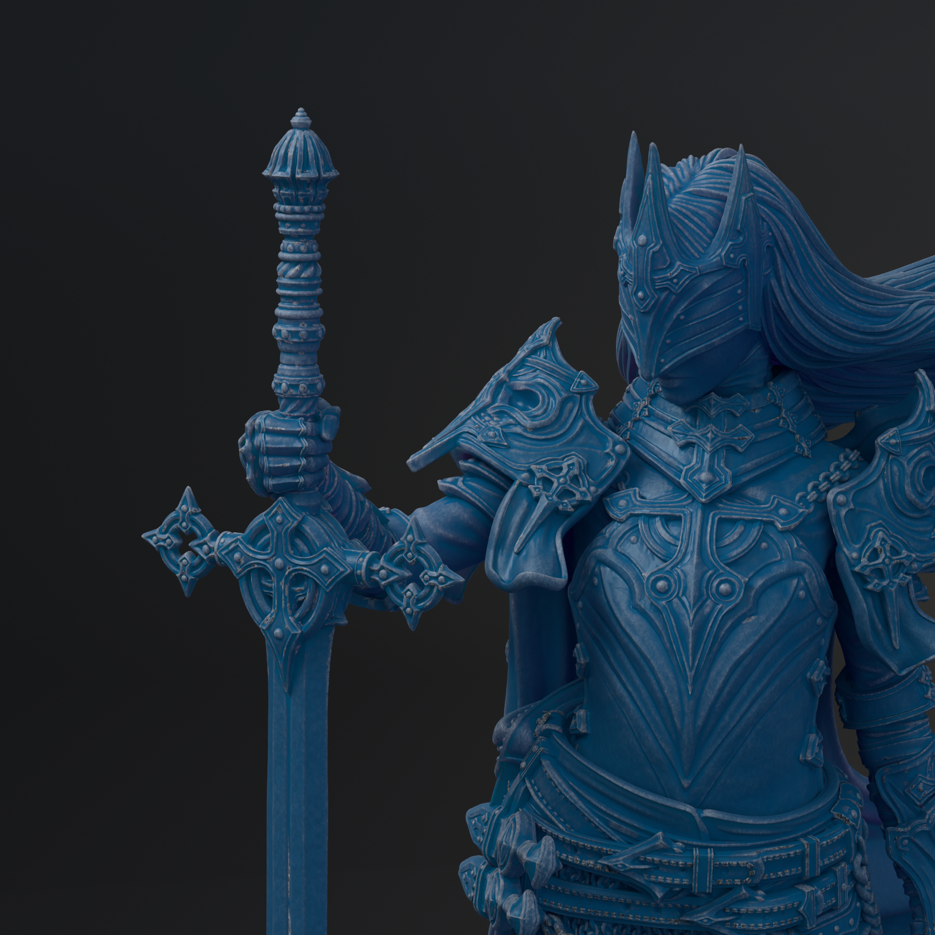 A detailed 3D rendering of a blue armored knight figure, holding a sword and standing in a fighting stance.