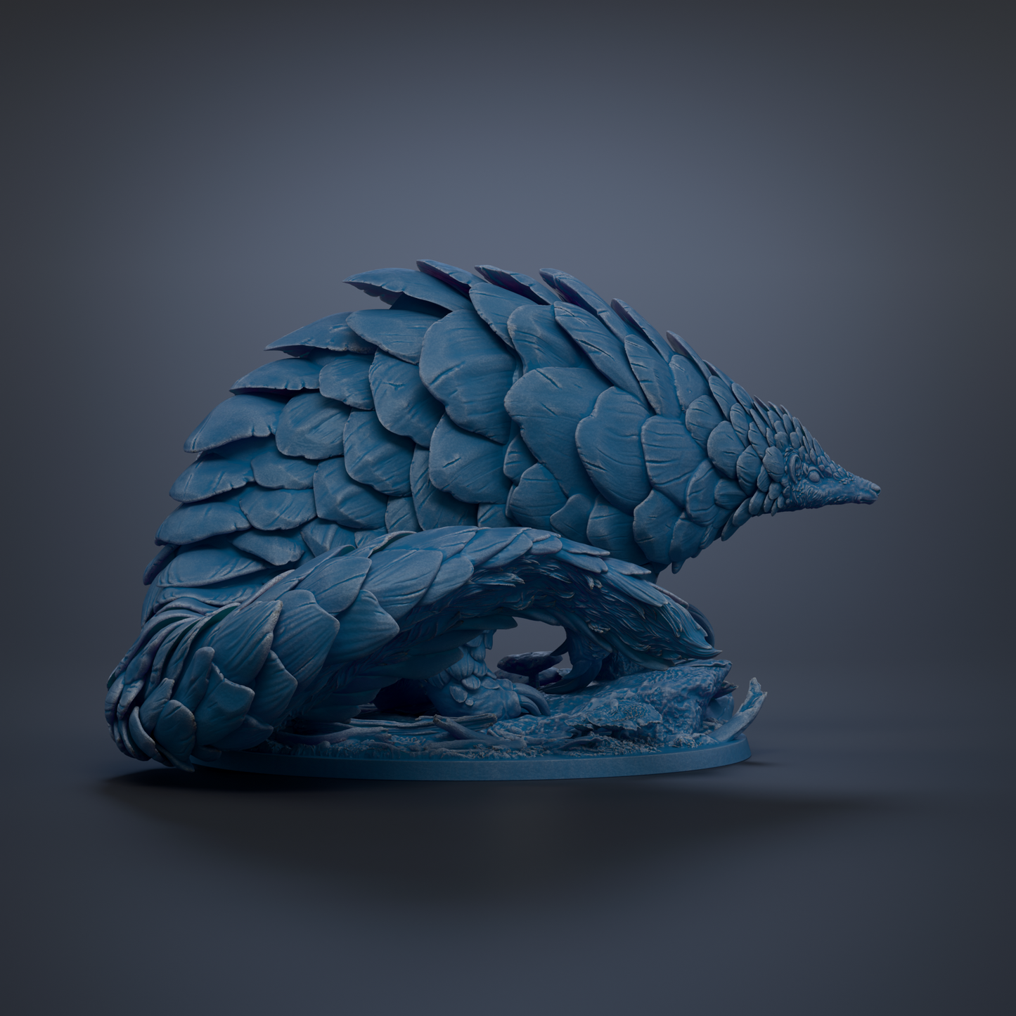 A blue, 3D-rendered sculpture of a pangolin, a type of scaly mammal, is depicted in the image.