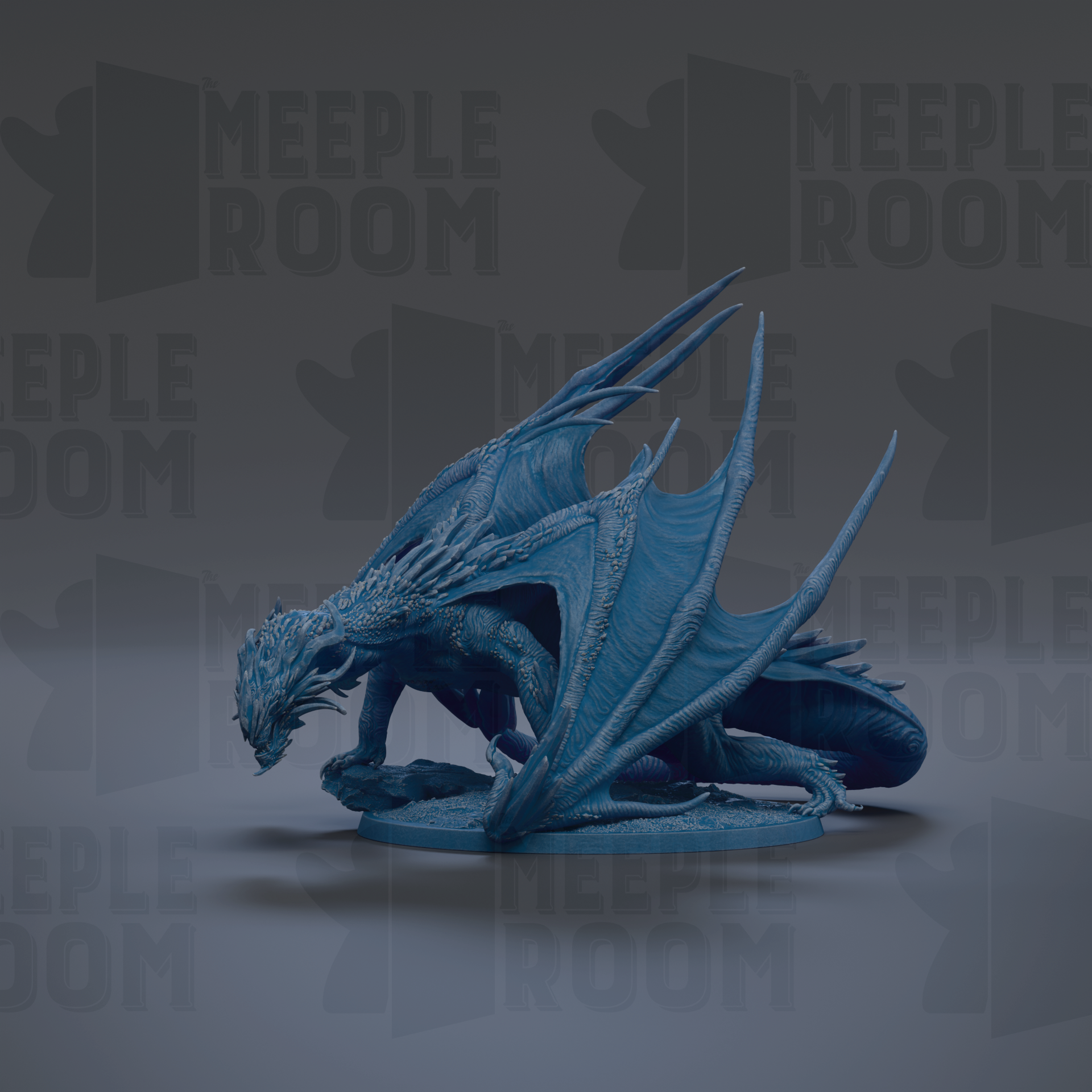 A blue dragon figurine is shown against a dark background with repeated text.