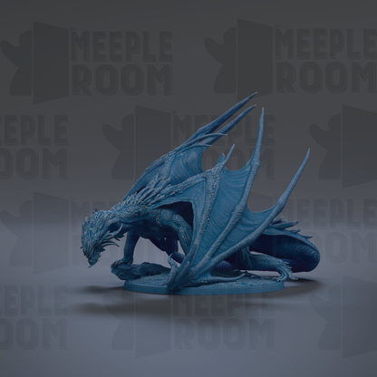 A blue dragon figurine is shown against a dark background with repeated text.