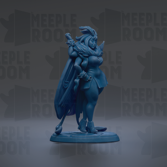A blue figurine of a woman with a long, flowing skirt and a large headdress, standing on a platform.