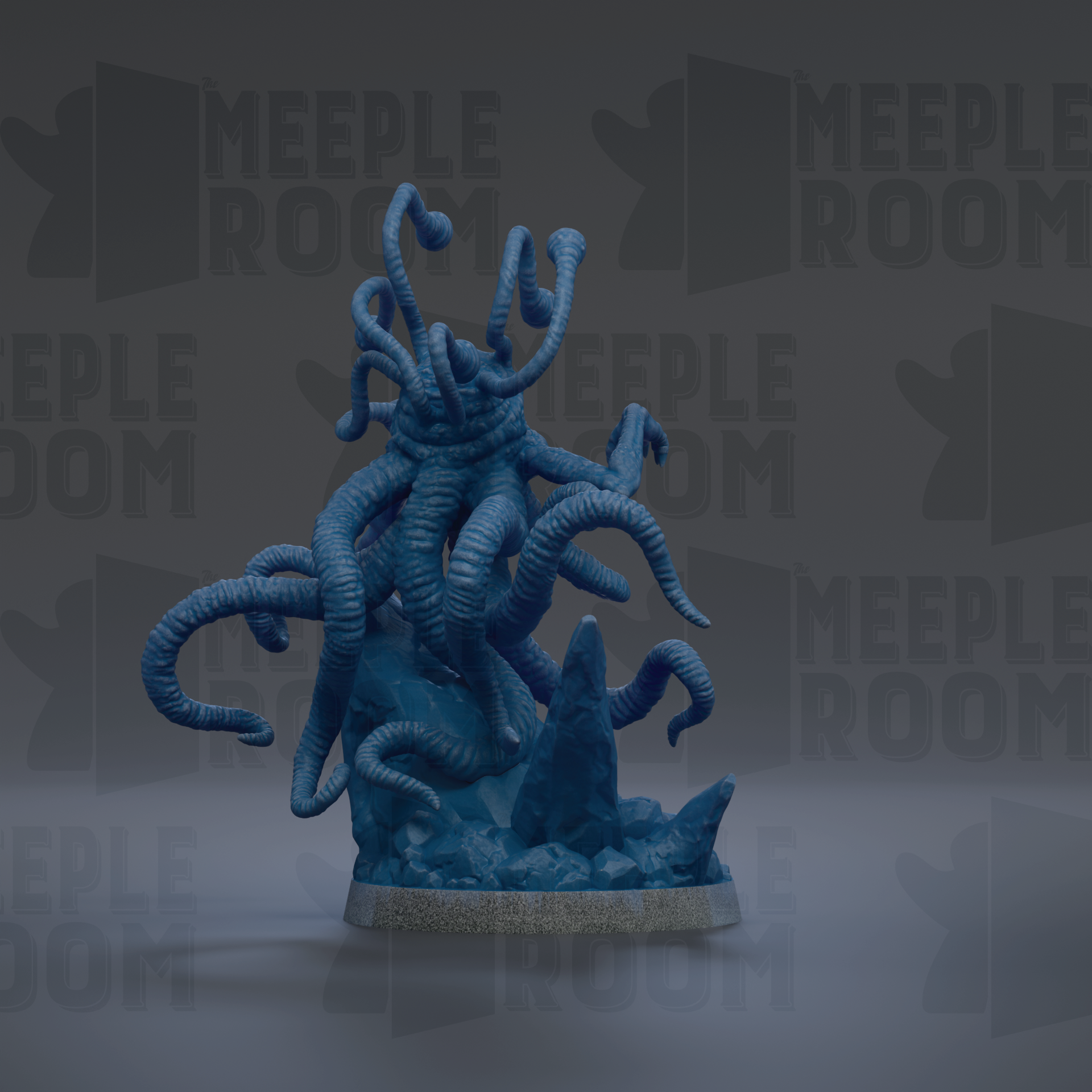 A 3D rendering of a blue, tentacled creature resembling a tentacle or octopus, standing on a rock formation.