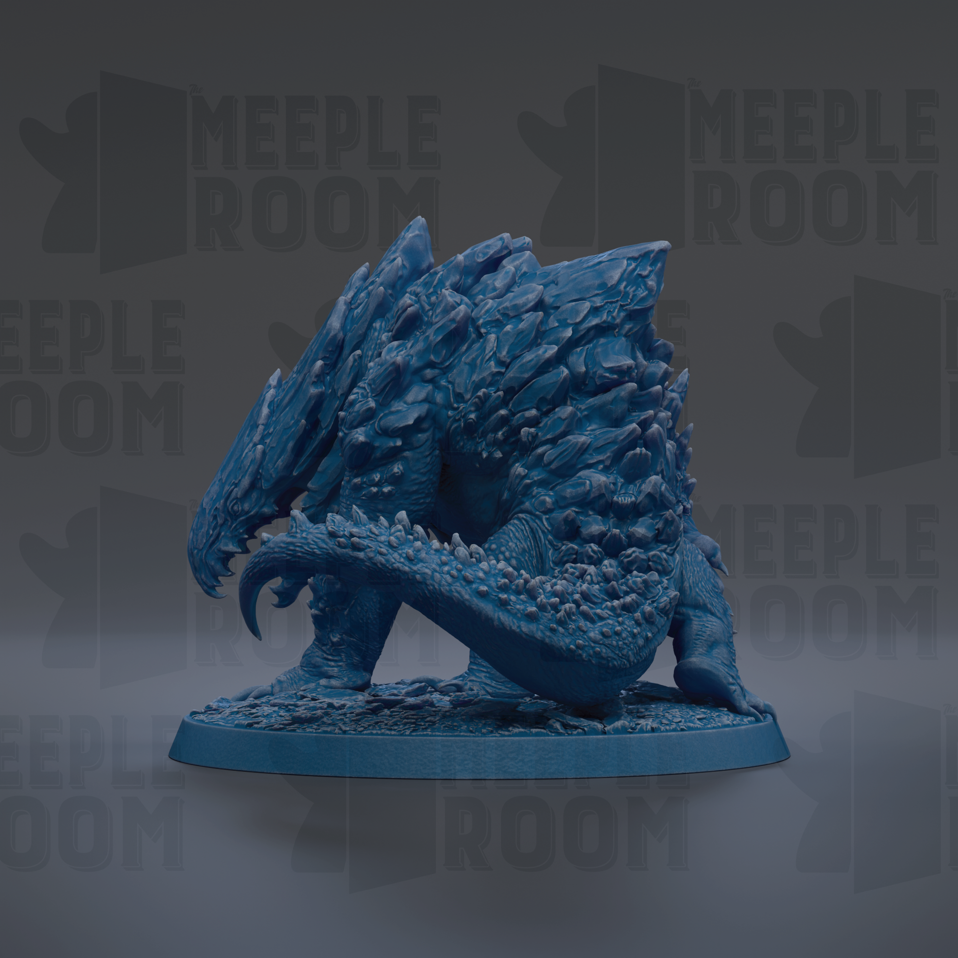 A blue, 3D-rendered creature resembling a dragon or serpent, with sharp teeth and claws, is depicted in the image.