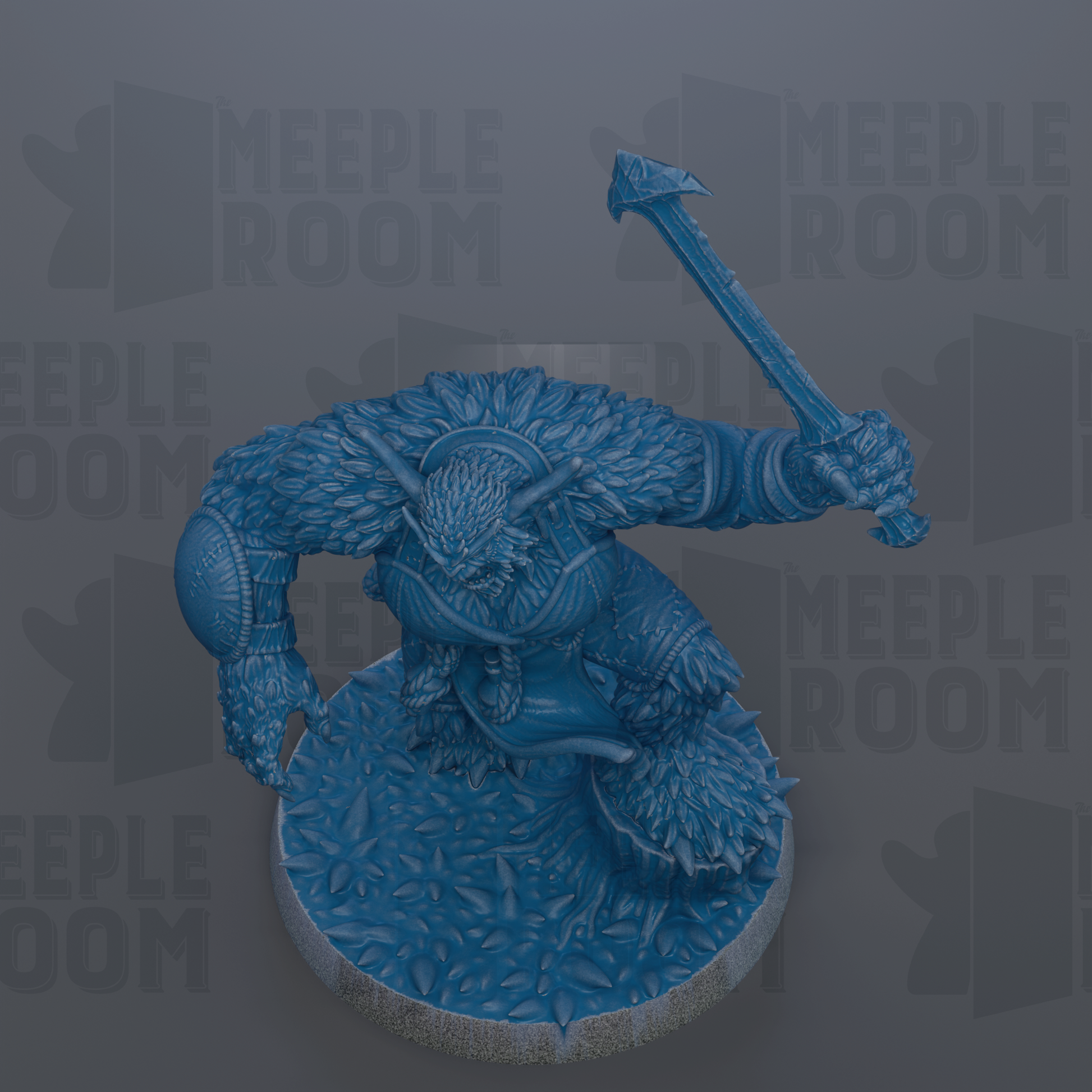A blue figurine of a fantastical creature, possibly a dragon or monster, is depicted in the image.