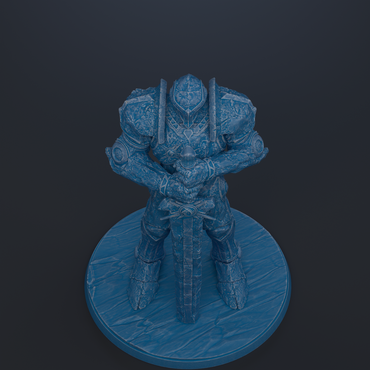 A blue armored figure holding a sword stands on a circular base against a dark background.
