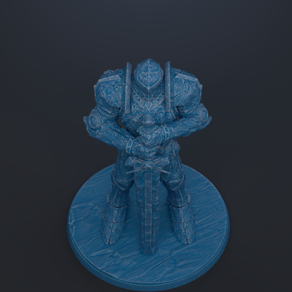 A blue armored figure holding a sword stands on a circular base against a dark background.