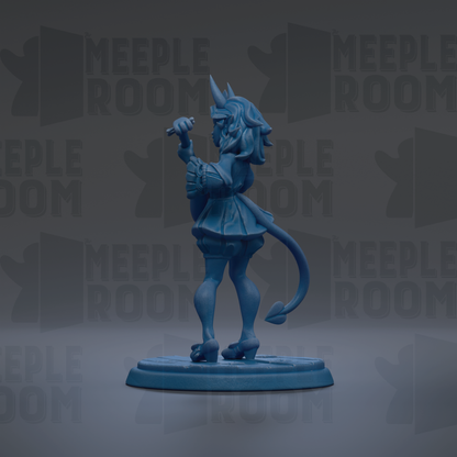 A blue figurine of a person with horns and a tail, standing on a blue base and holding a small object in their hand.