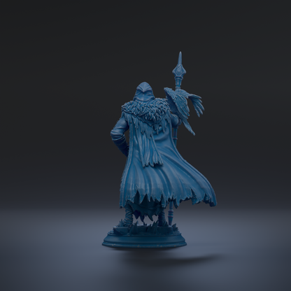 A blue figurine of a person holding a spear and a bird stands against a dark background.