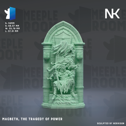 The image is a 3D rendering of a statue of Macbeth, the famous play by William Shakespeare. The statue depicts Macbeth, the biblical king of Scotland, who is shown in a dramatic pose, with his sword raised and his hands clasped in front of him. The background of the image is a dark gray color, which contrasts with the green color of the statue. The image also includes text that reads "MEEPLE ROOM" and "SK" along with some measurements and a logo.