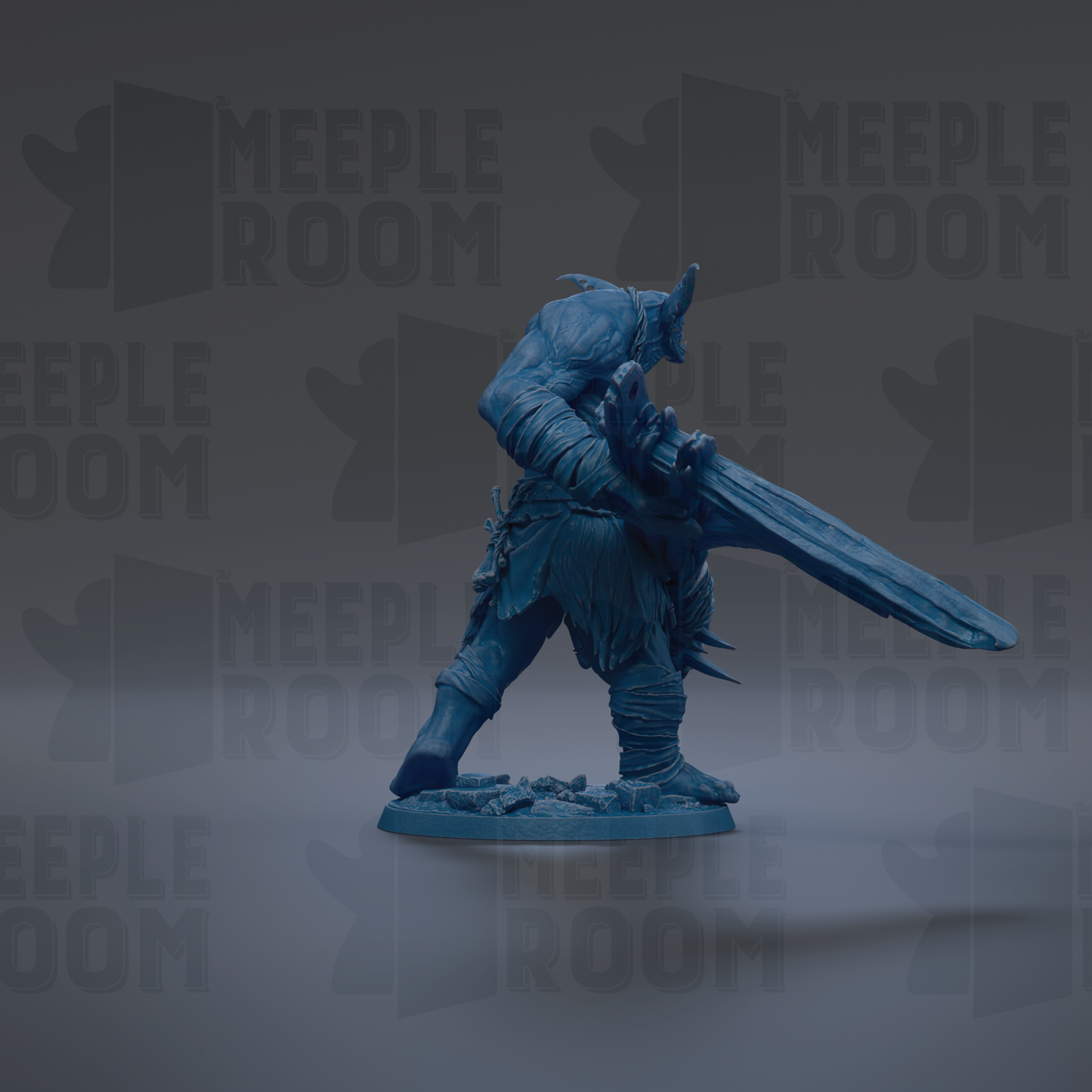 A blue figurine of a warrior-like character holding a large sword, standing on a base.