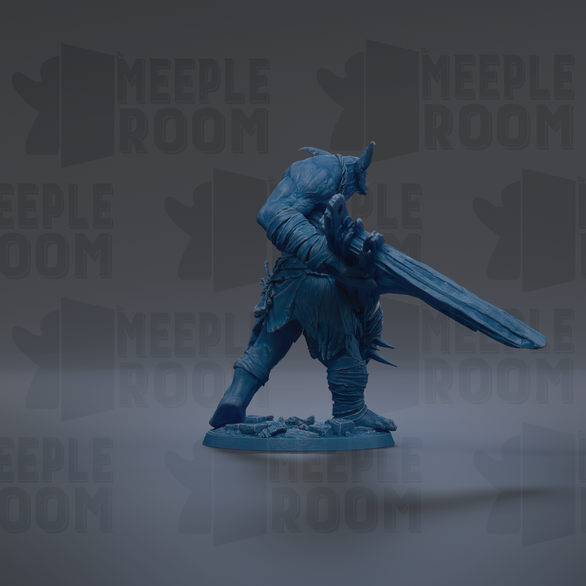 A blue figurine of a warrior-like character holding a large sword, standing on a base.