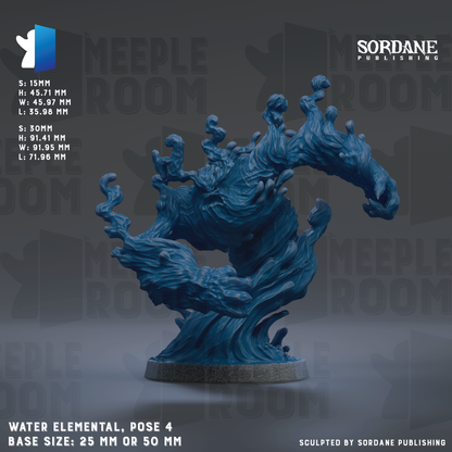 The image is a 3D rendering of a blue, organic-looking creature resembling a wave or a fluid form, possibly a water element. The creature is posed in a dynamic, flowing manner, with its arms and legs spread out. The background is a dark gray color, which contrasts with the blue of the creature and makes it stand out. The image is described as a "base size: 25mm or 50mm" and is published by Sordane Publishing.