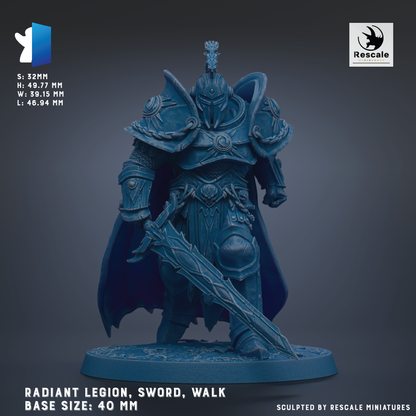 a detailed statue of a warrior figure, wearing a blue armor and wielding a sword. The statue is shown in a dynamic pose, with the warrior's sword held high and the armor gleaming in the light. The base size of the statue is 40 mm, and it is described as a "Radiant Legion, Sword, Walk" base size. The statue is sculpted by Rescue miniatures, as indicated by the text at the bottom of the image.