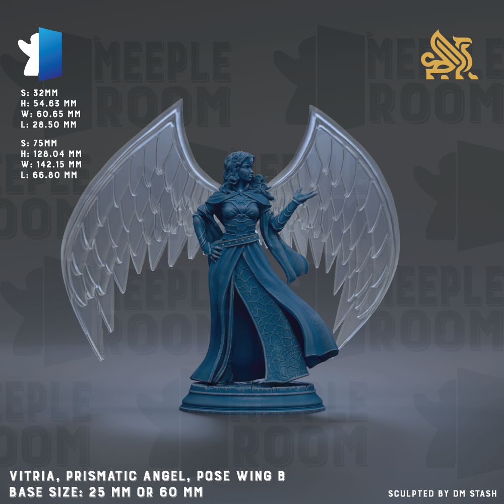 a blue statue of a winged female figure with a long flowing dress and a sword in her hand, standing on a pedestal.