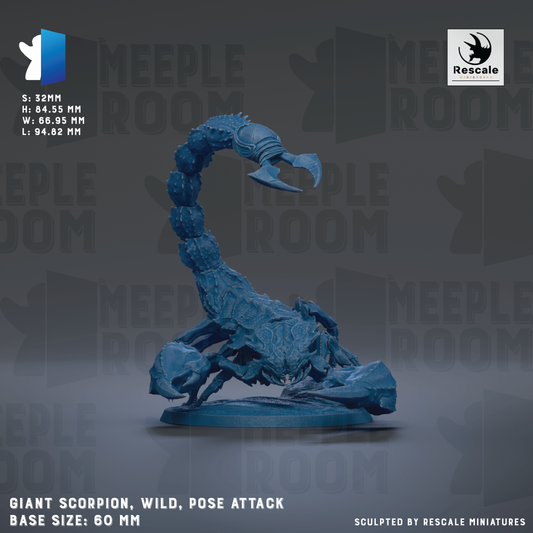 The image is a 3D rendering of a blue, giant scorpion figurine. The scorpion is shown in a pose, with its legs spread out and its head raised. The image is described as a "sculpted by Rescue" piece, indicating that it is a miniature model created by a company called Rescue. The base size of the figurine is 60 millimeters.