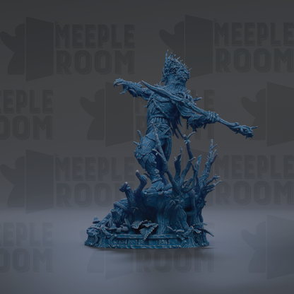 A blue, 3D-rendered statue of a figure with a sword and shield, standing on a base with various other elements.