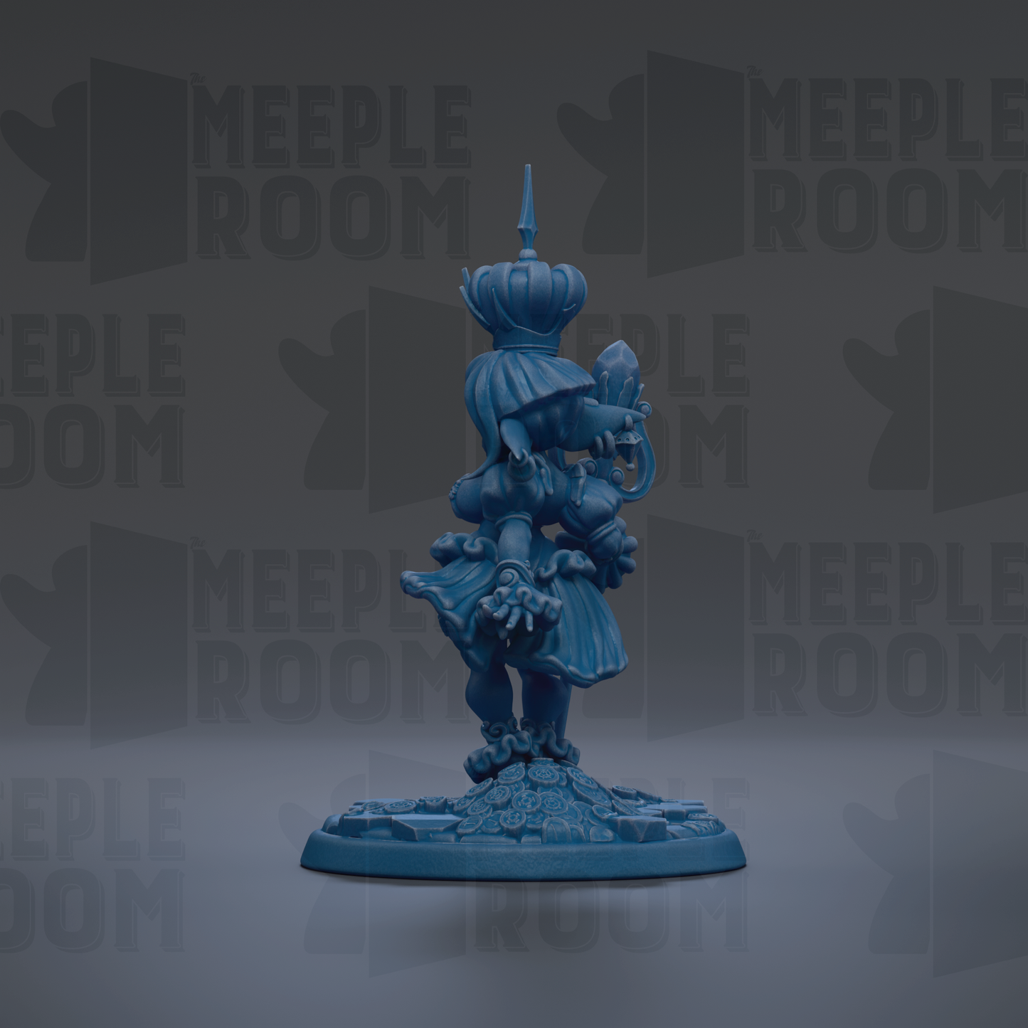 A blue figurine of a person standing on a base, with the text "MEUPLE ROOM" repeated in the background.