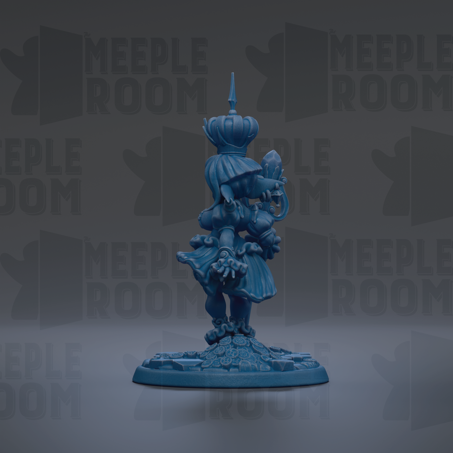 A blue figurine of a person standing on a base, with the text "MEUPLE ROOM" repeated in the background.