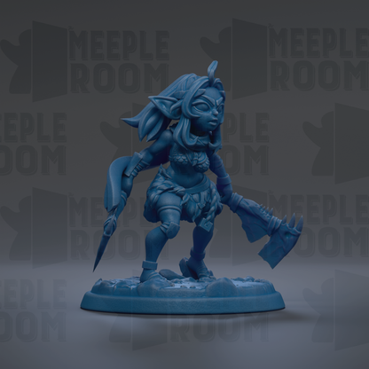 A blue figurine of a female character with a sword and shield, standing on a base.
