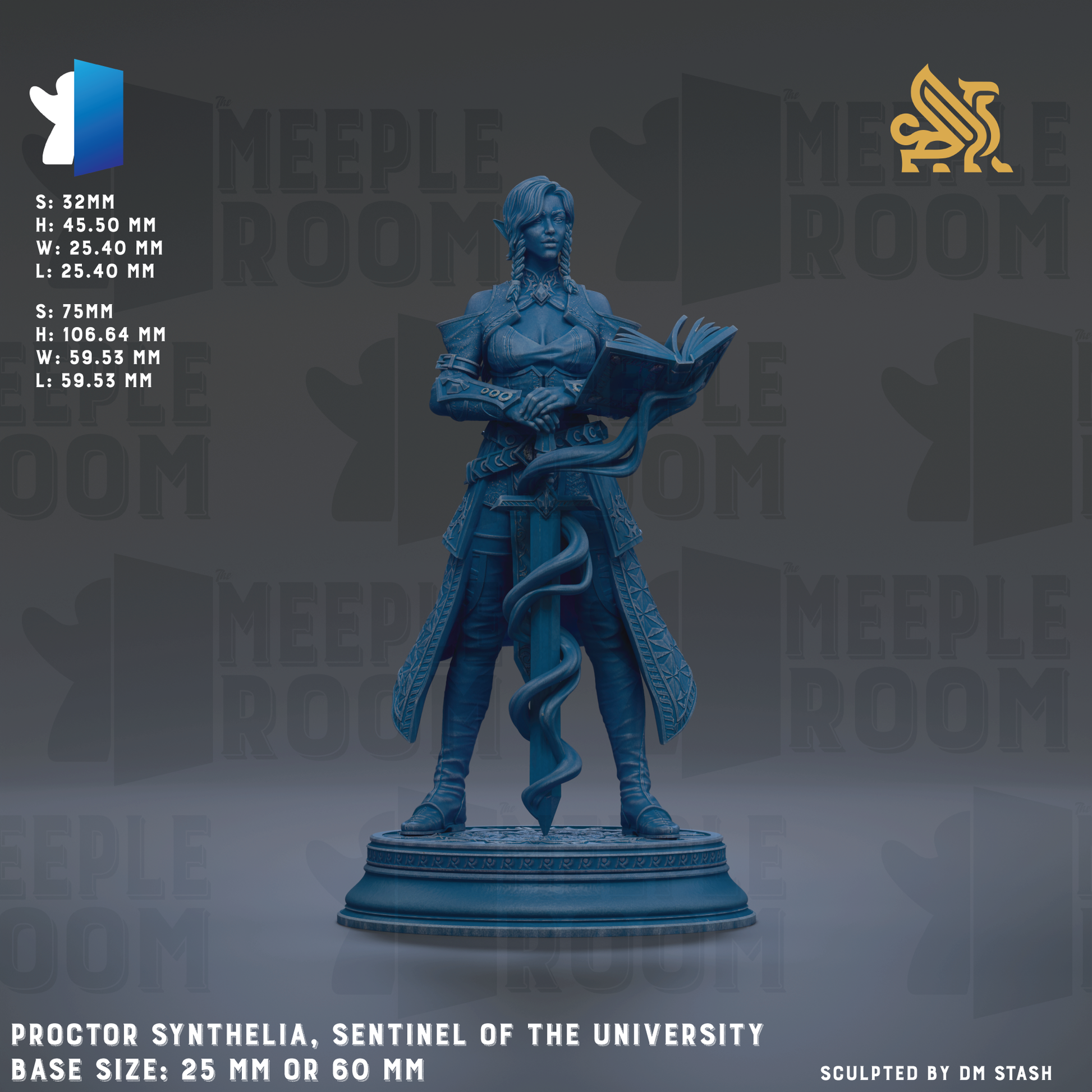 The image is a 3D model of a statue of a woman holding a book, with the text "PROCATOR SYNTHELIA, SENTINEL OF THE UNIVERSITY" and "SEMINAL OF THE UNIVERSITY" printed on it. The statue is described as having a base size of 25mm or 60mm.