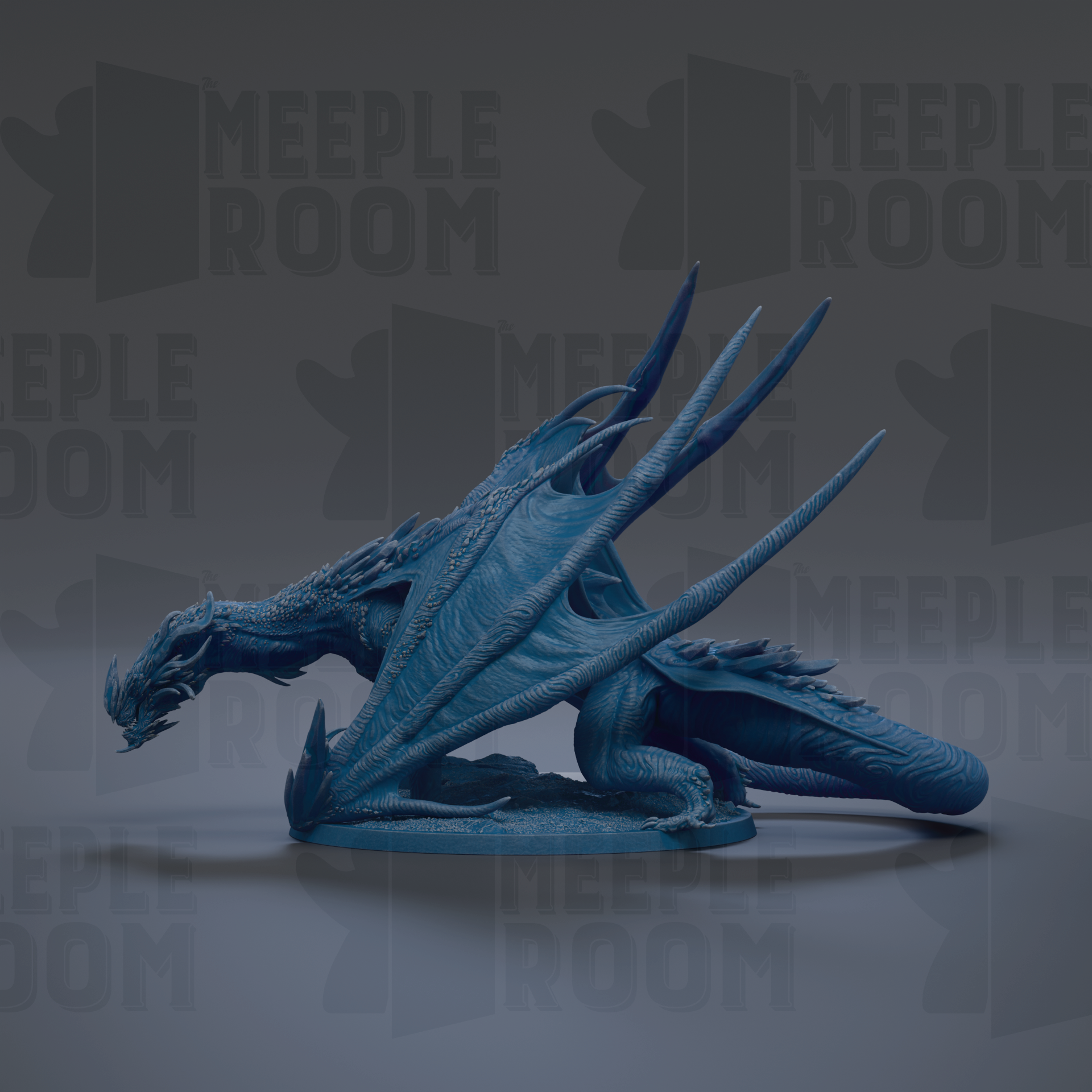 A blue dragon figurine is shown against a dark background with repeated text.