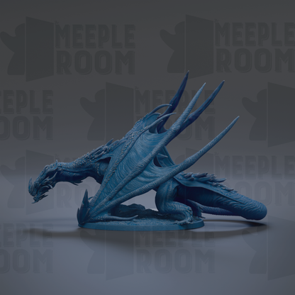 A blue dragon figurine is shown against a dark background with repeated text.