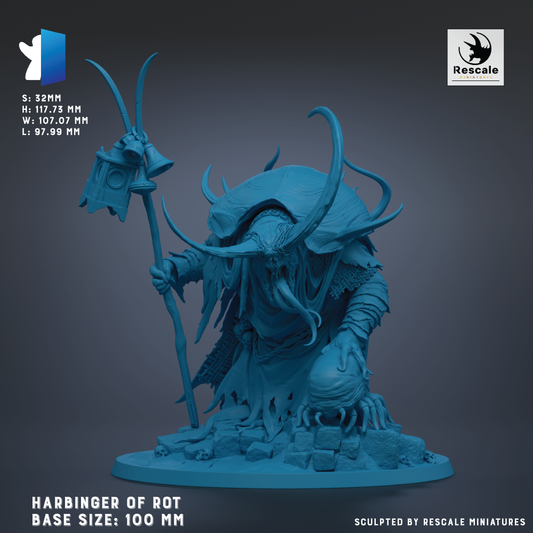 The image is a detailed 3D model of a fantastical creature, likely a character from a video game or other digital media. The creature has a large head, long horns, and a distinctive body shape, and is holding a staff or staff-like object. The creature is set against a dark background, which emphasizes its imposing presence. The image is described as a "HARBINGER OF ROT BASE SIZES: 100 MM" and is "Sculpted by RESCALE MINIATURES".