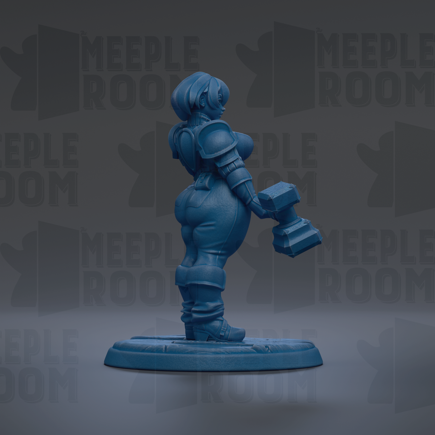 A blue figurine of a woman holding a hammer is shown against a dark background with repeated text.