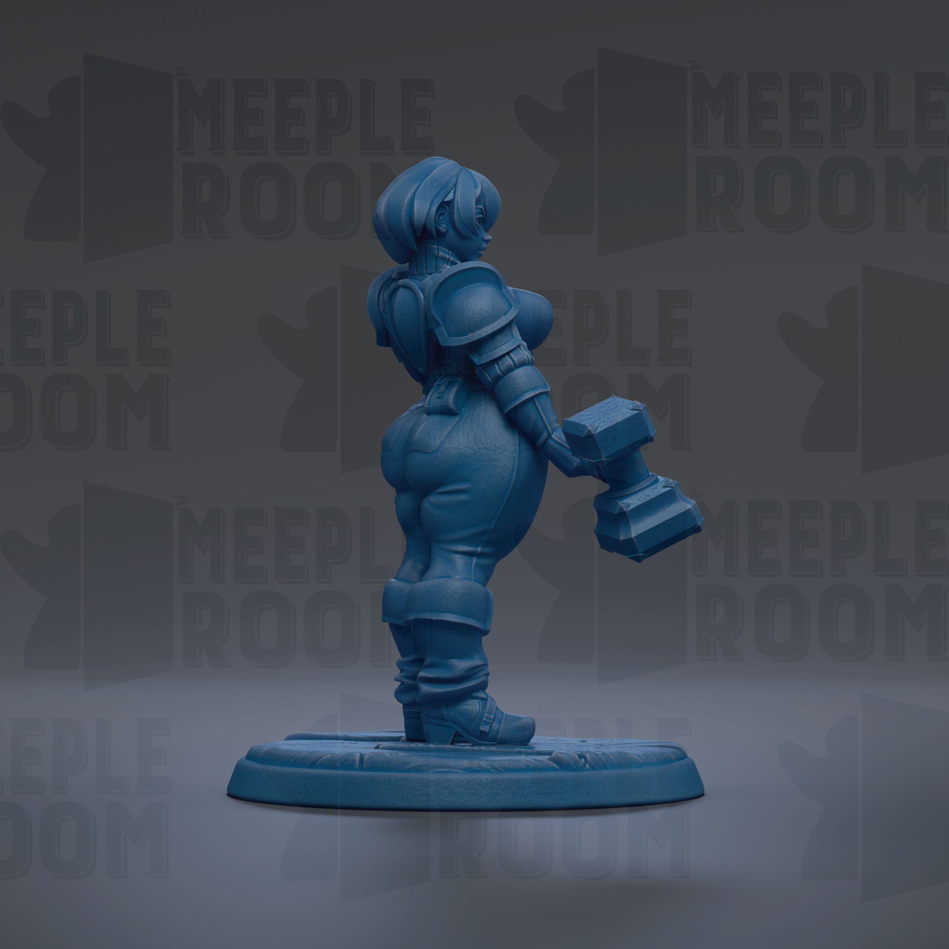 A blue figurine of a woman holding a hammer is shown against a dark background with repeated text.