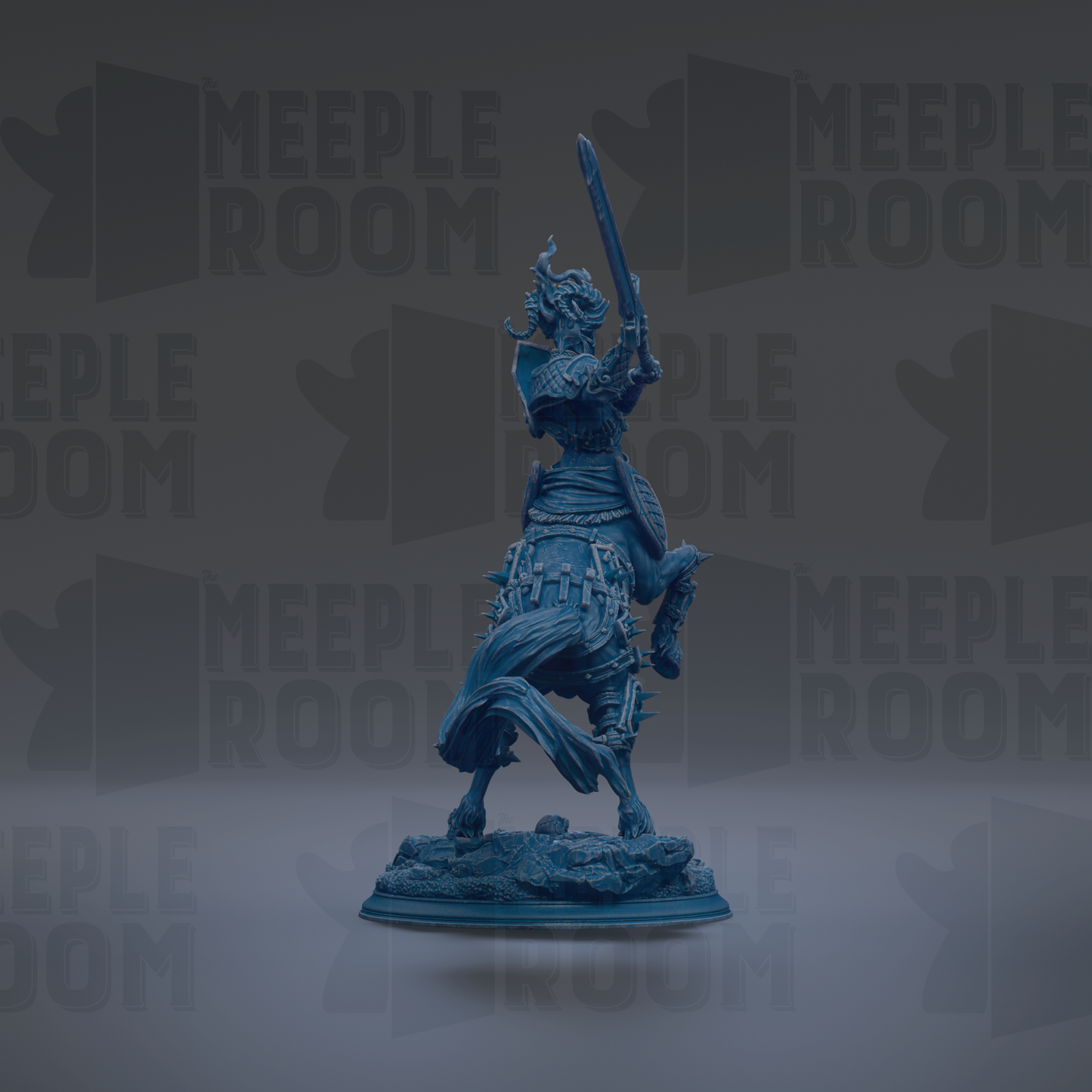 A blue statue of a knight on horseback, holding a sword, is the central focus of the image.