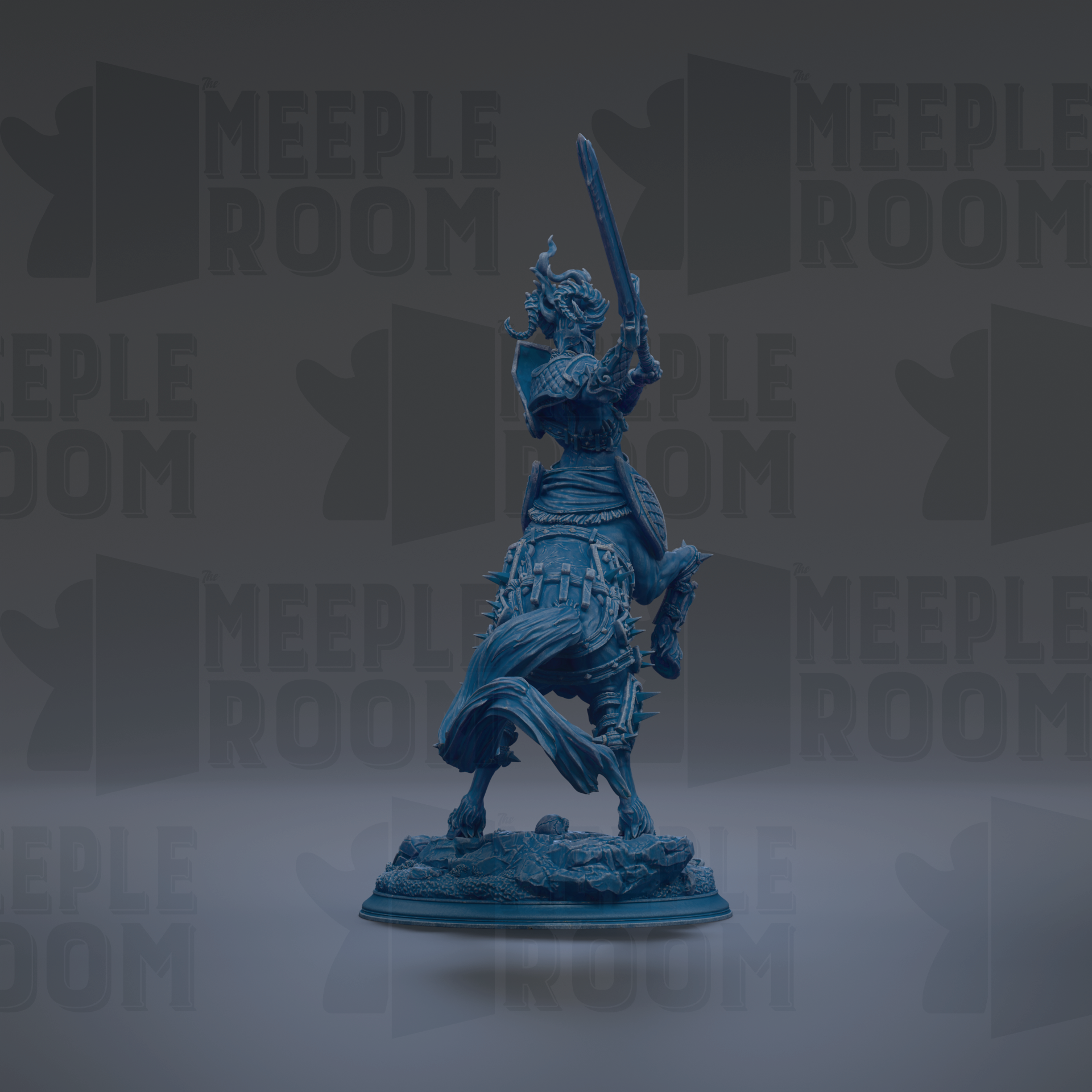 A blue statue of a knight on horseback, holding a sword, is the central focus of the image.
