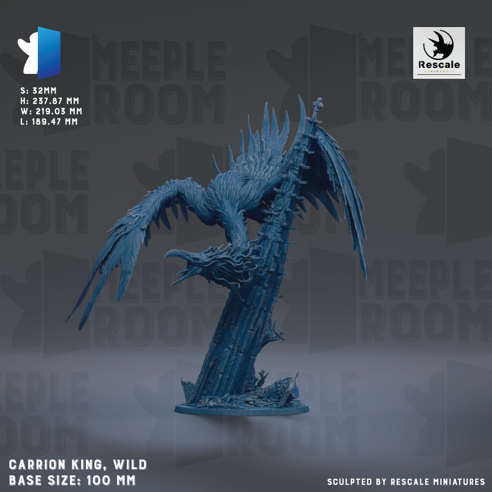 The image is a 3D model of a large, winged creature resembling a dragon or mythical bird, with a dark blue color. The creature is shown in a dynamic pose, with its wings spread wide. The image is described as a "CARRION KING, WILD" and is shown in a base size of 100 mm. The image is described as being "Sculpted by RESCALE MINIATURES".