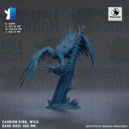 The image is a 3D model of a large, winged creature resembling a dragon or mythical bird, with a dark blue color. The creature is shown in a dynamic pose, with its wings spread wide. The image is described as a "CARRION KING, WILD" and is shown in a base size of 100 mm. The image is described as being "Sculpted by RESCALE MINIATURES".