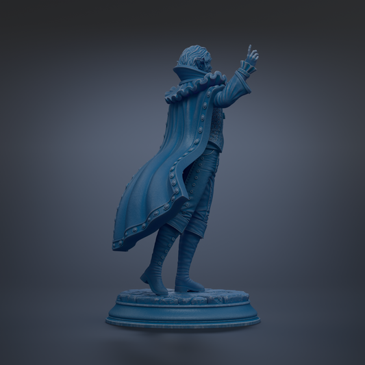 A blue statue of a person standing on a pedestal, with their arms raised and a cape billowing behind them.