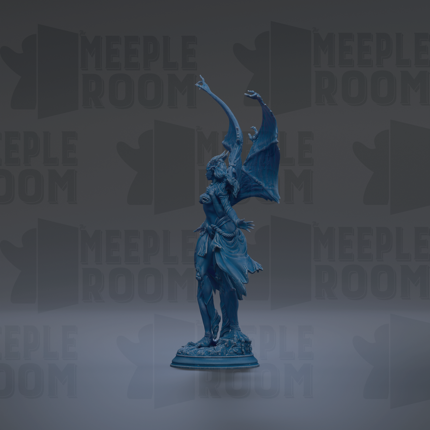 A blue statue of a winged figure with outstretched arms stands against a dark background with repeated text.
